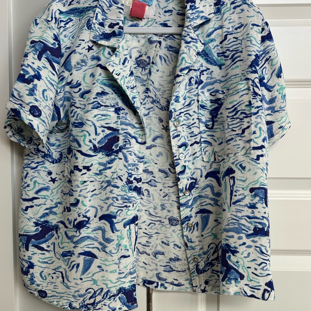 Anthropology top by Maeve in linen blue nautical print